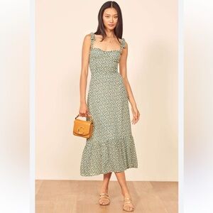 Reformation Nikita Floral Midi Ruffl Dress Size 6 green white